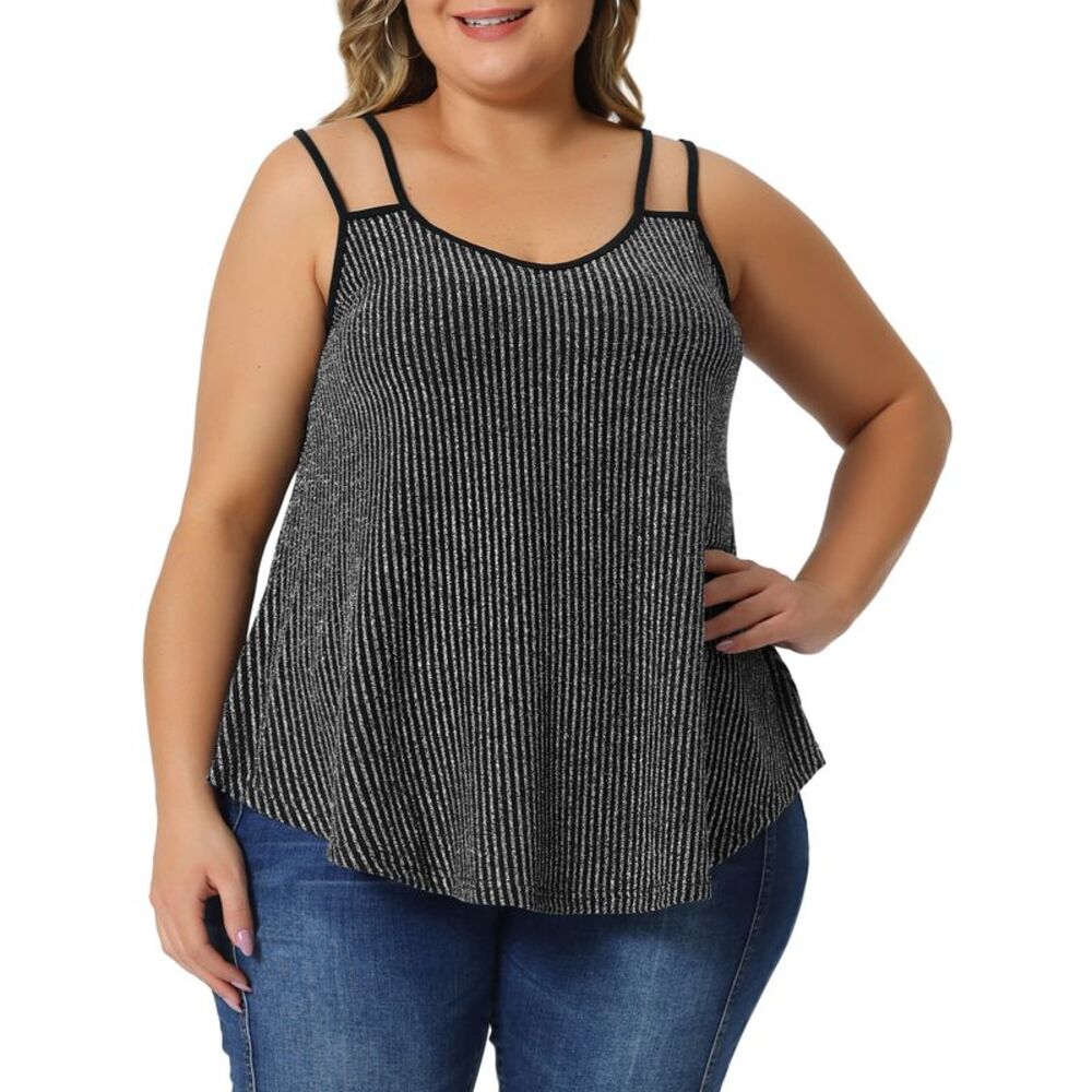 Plus Size Sequin Tops Spaghetti Strap V Neck Glitter Sparkle Tank Tops Silver